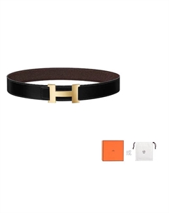 HERMES Мужской кожаный ремень из коровьей кожи черный шоколадный шириной 3.8 см, Black/Chocolate Hermès