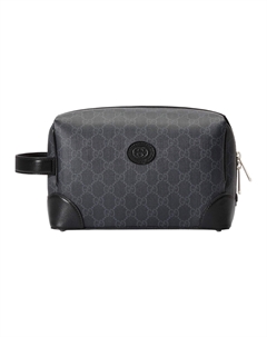 Женская серая косметичка из переплетенного холста с кожаной отделкой Gucci