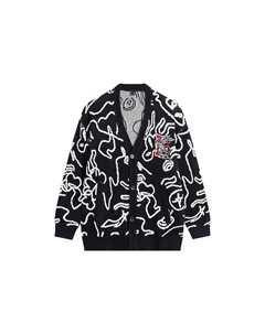 ЛиНинг CNY Ваньши Зеленая Сосна Вязаный свитер унисекс черный с полной печатью Li-ning