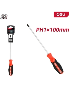 Отвертка крестовая Deli DL3457 PH1x100мм сталь S2, матовый стержень, двухкомпонентная прорезиненная рукоять