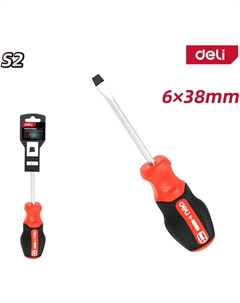 Отвертка шлицевая Deli DL3446 SL6x38мм сталь S2, матовый стержень, двухкомпонентная прорезиненная рукоять