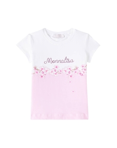 Футболка из хлопковой смеси с цветочным логотипом, Bianco + Rosa Fairytale Monnalisa