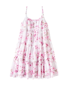 Многоярусное платье из хлопка с цветочным принтом, Bianco Monnalisa