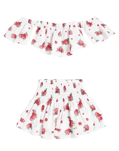 Комплект из хлопкового топа и юбки с принтом, Bianco+Rosso Monnalisa