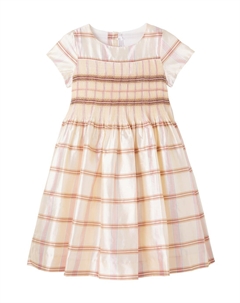 Платье из шелковой ткани дюшес в клетку со сборками, Carreaux Ecru Bonpoint