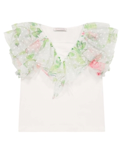 Футболка с цветочной отделкой из тюля, Bianco+Fuxia Monnalisa