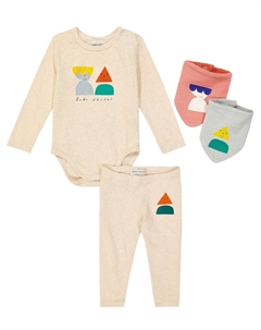 Комплект Baby Funny Friends из хлопкового комбинезона, леггинсов и шарфа, бежевый Bobo choses