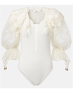 Боди из хлопка с отделкой из гипюра и кружева, Iconic Milk Chloe