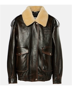 Кожаная куртка с отделкой из искусственной овчины и логотипом, Caffe Miu miu