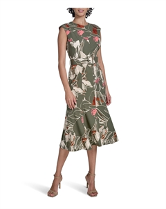 Платье Printed Scuba Crepe Belted Midi, Antq/White/Multi Calvin klein