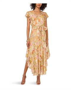 Платье V Neck Button Down Maxi Dress With Flutter Sleeve, Crushed Orange Vince camuto