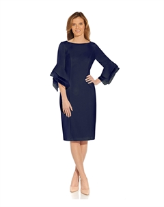 Платье Stretch Knit Crepe Sheath Dress With Tiered Organza Bell Sleeve, Navy Sateen Adrianna papell