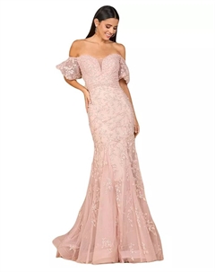 Кружевное платье-русалка с открытыми плечами, розовый Lara