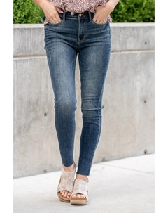 Женские скинни джинсы мид-райз с винтажным рваным краем в винтажном темном оттенке, Vintage Dark Wash Judy blue