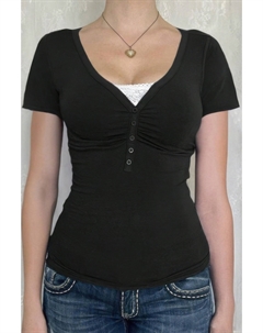 V-образный вырез цельнокроеный кружевная вставка пуговица приталенная рубашка, черный Truedames