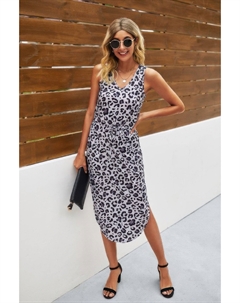 Леопардовое платье с глубоким вырезом без рукавов свободного кроя Truedames