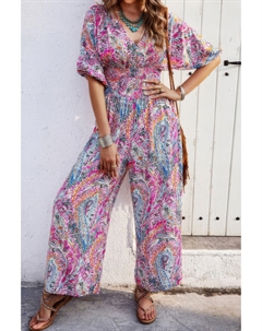 Бохо комбинезон с коротким рукавом и присборенной талией, фуксия Truedames