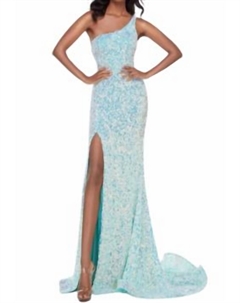 Вечернее платье с одним плечом и разрезом в винтажном мятном оттенке Alyce paris