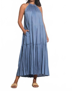 Женское платье макси с высоким воротником и ярусами в темно-синем цвете Elan