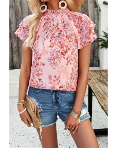 Цветочная блуза с воротником стойкой и рукавами-фонариками, розовый Truedames