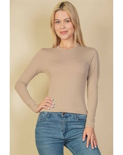 Женский топ с ребристой вязкой круглым вырезом и длинными рукавами, Taupe Truedames