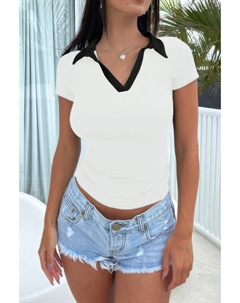 Цветной поло воротник V-образный вырез облегающая рубашка, белый Truedames