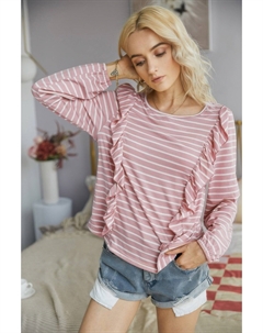 Трикотажная рубашка в полоску с круглым вырезом, оборками и длинными рукавами, розовый Truedames