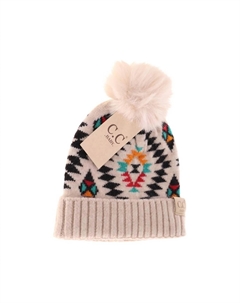 Детская шапка-бини с помпоном из искусственного меха в ацтекском узоре, бежевая C.c
