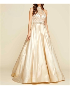 Золотое бисерное платье-баллона с эффектом иллюзии и халтером Mac duggal