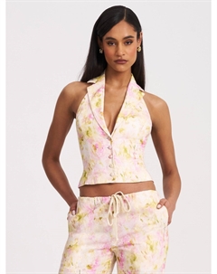 Лоурен Розовый Цветочный Принт Жилет с Защипами на Спине из Льна Miss circle