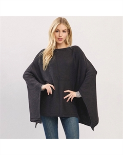 Чистый край широкие рукава однотонный вязаный пончо, черный Truedames
