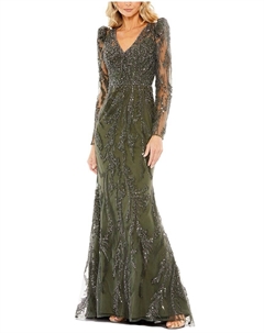 Расшитое платье с пышными рукавами силуэта А-силуэт, зеленый Mac duggal