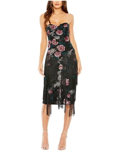 Цветочный тисненый бахромчатый миди-платье без бретелей, черный Mac duggal