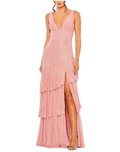 Платье с пайетками асимметричное ярусное с рюшами, коралловый Mac duggal