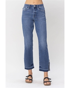 Джинсы прямые с высокой талией, синие, с прорезями и рваным краем Judy blue