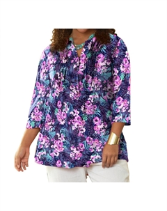 Туника с плиссировкой и рукавами 3/4, воротником-стойкой, с принтом, фиолетового цвета On the plus side