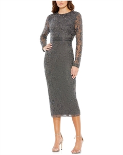 Бисерное Чайное Платье-футляр с Прозрачными Рукавами, серый Mac duggal