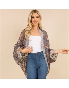 Ажурный кимоно-пончо с кружевной отделкой и цветочным принтом, серый Truedames