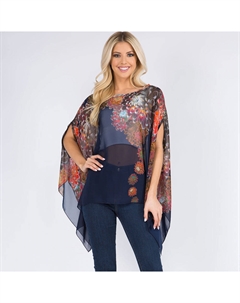 Прозрачный цветочный асимметричный пончо, темно-синий Truedames