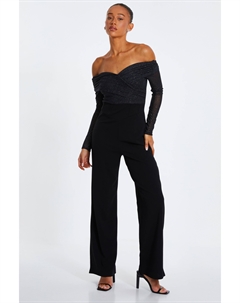 Женский комбинезон Palazzo из блестящей сетчатой ткани с открытыми плечами и креповым низом, черный Quiz