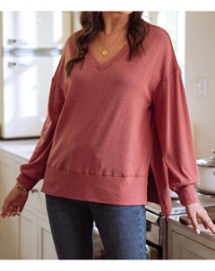 Туника с боковыми разрезами, V-образным вырезом и свободным кроем в цвете Racing Red 1 the woman