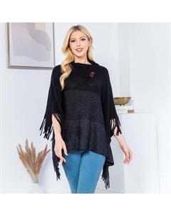 Вязаное пончо с вырезом лодочкой, бахромой и градиентным цветовым блоком, черный Truedames