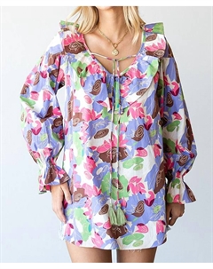 Блузка с цветочным принтом, рюшами, V-образным вырезом и шнурком в бело-многоцветном First love