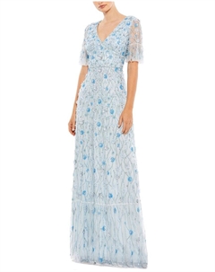 Расшитое платье А-силуэта с завышенной талией и воланами по подолу, синий Mac duggal