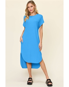 Платье миди с круглым вырезом и короткими рукавами с разрезом, синий Truedames