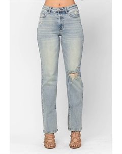 Высокие рваные джинсы с разрезами по внутреннему шву в светлой стирке, Light Wash Judy blue