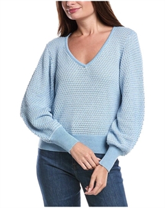 Форте Кашемир Свитер с V-образным вырезом и сборчатыми рукавами в полоску, синий Forte cashmere