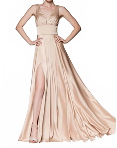 Сатиновое платье с V-образным вырезом и разрезом в оттенке нюд, Nude Cinderella divine