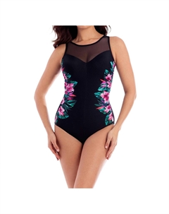 Tahitian Temptress DD-чашечный кружевной слитный купальник с высоким воротом и косточками в черном цвете Miraclesuit