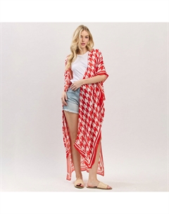 Хаундстаут принт длинное кимоно пончо с открытым передом, красно-белый Truedames